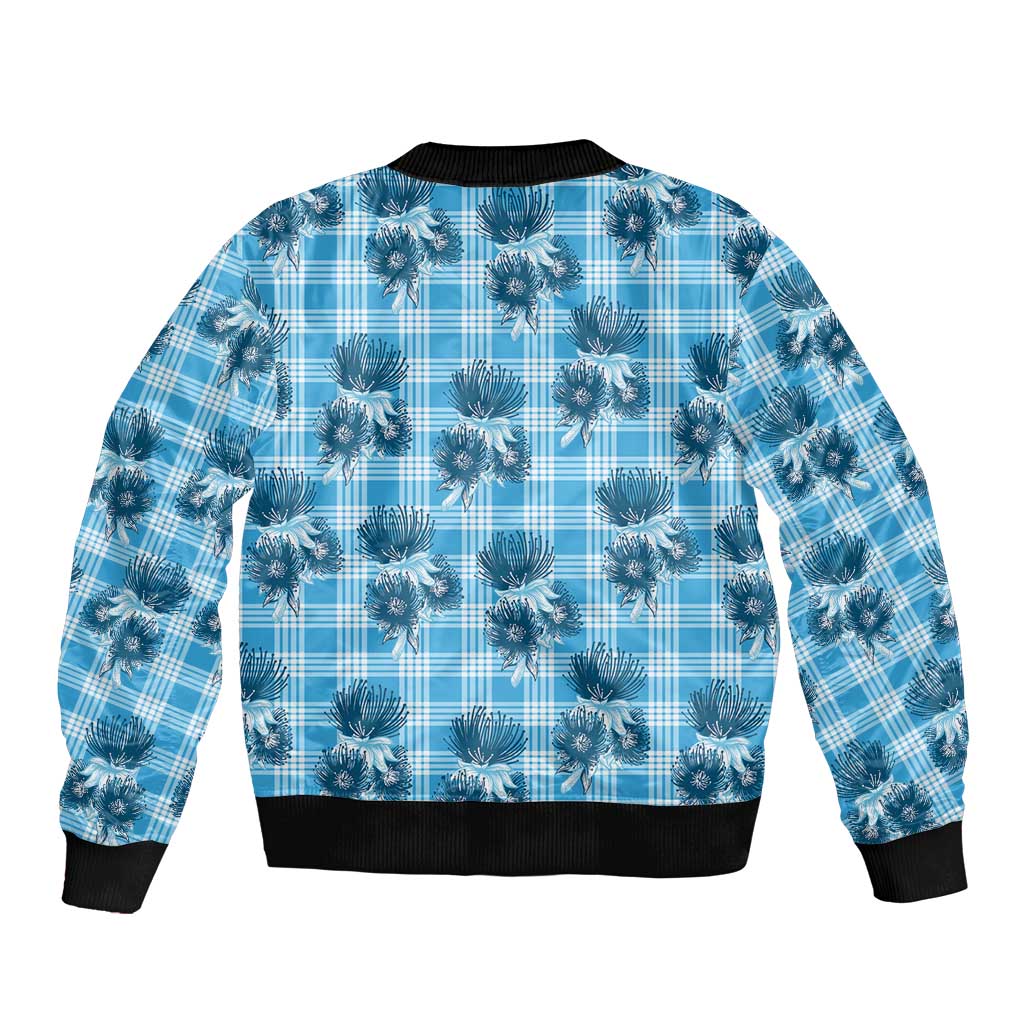 Blue Palaka Hawaii Sleeve Zip Bomber Jacket Hawaiian Lehua Blossoms LT05 - Polynesian Pride