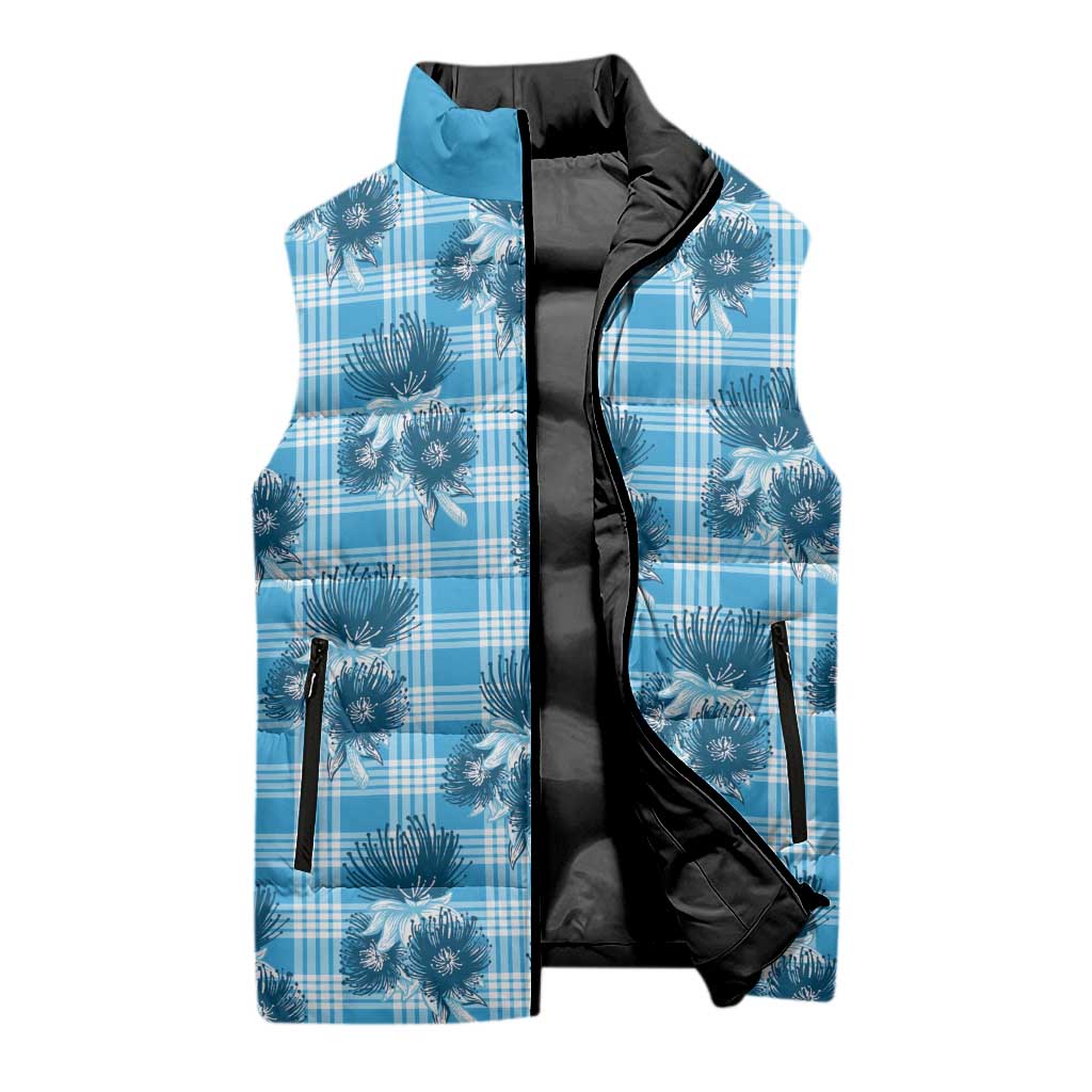 Blue Palaka Hawaii Sleeveless Puffer Jacket Hawaiian Lehua Blossoms LT05 - Polynesian Pride