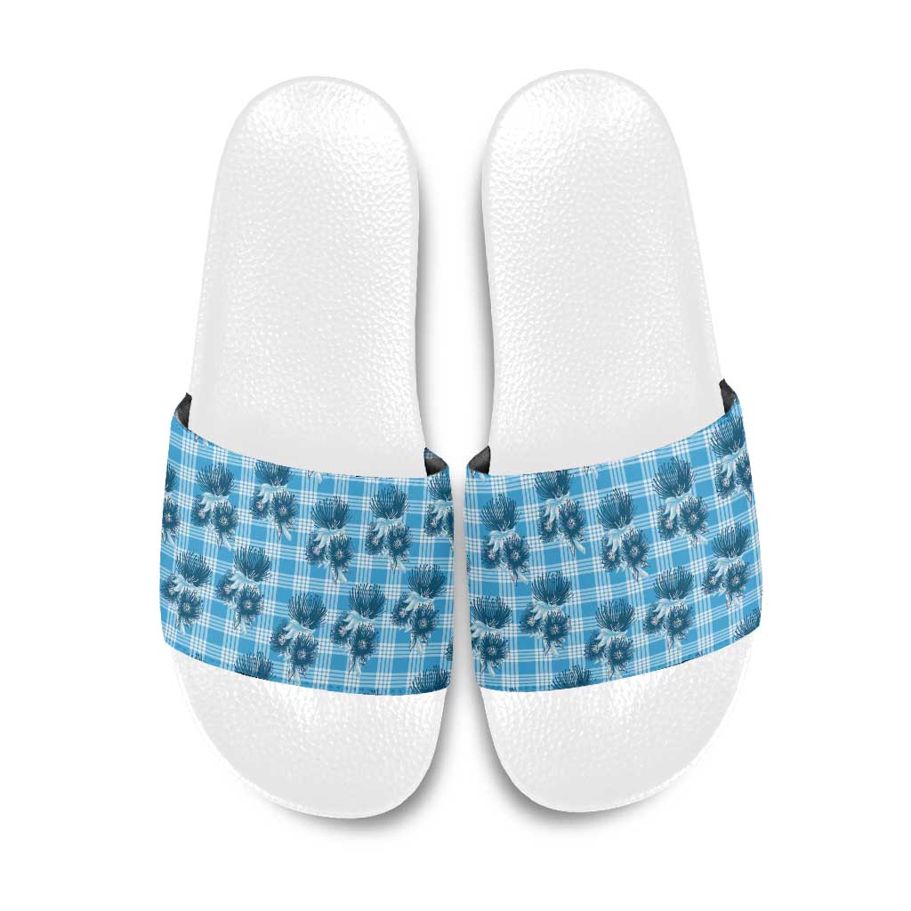 Blue Palaka Hawaii Slide Sandals Hawaiian Lehua Blossoms LT05 Blue - Polynesian Pride