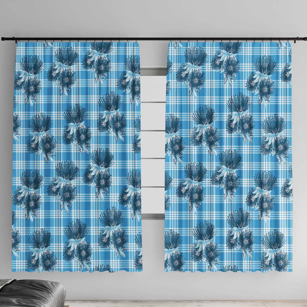 Blue Palaka Hawaii Window Curtain Hawaiian Lehua Blossoms LT05 With Hooks Blue - Polynesian Pride
