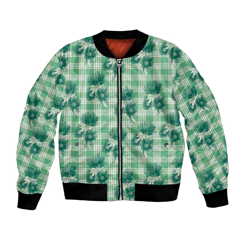 Green Palaka Hawaii Bomber Jacket Hawaiian Lehua Blossoms LT05 Unisex Green - Polynesian Pride