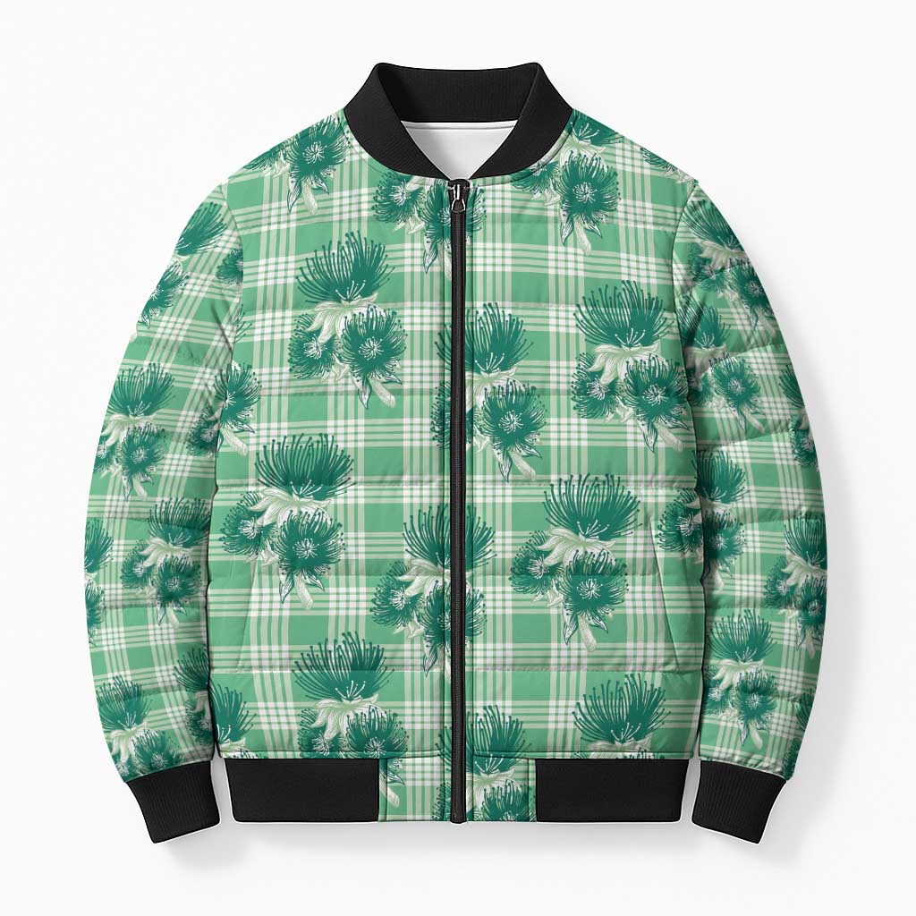 Green Palaka Hawaii Bomber Puffer Jacket Hawaiian Lehua Blossoms LT05 Unisex Green - Polynesian Pride