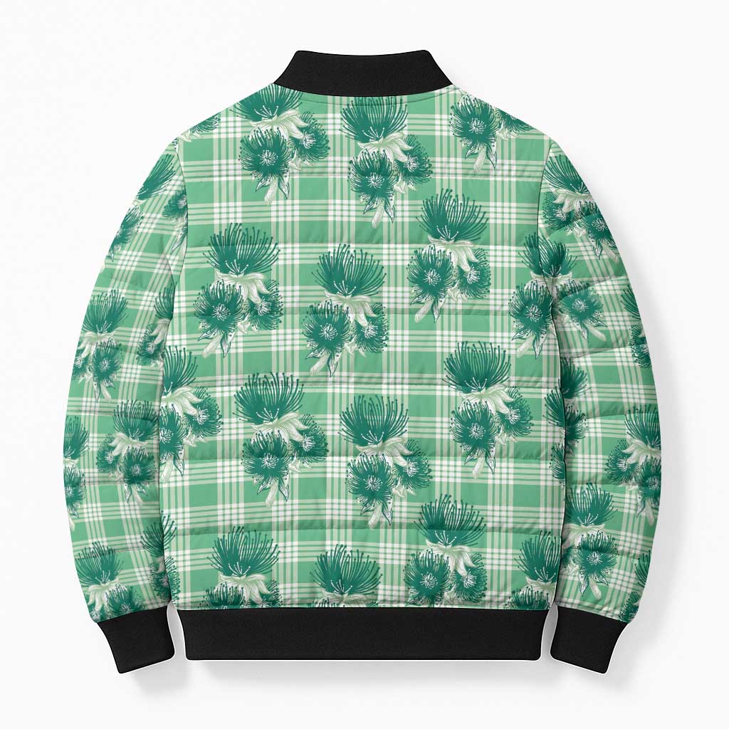 Green Palaka Hawaii Bomber Puffer Jacket Hawaiian Lehua Blossoms LT05 - Polynesian Pride
