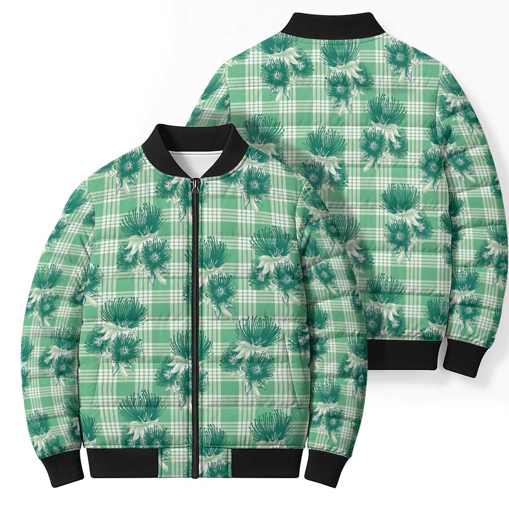 Green Palaka Hawaii Bomber Puffer Jacket Hawaiian Lehua Blossoms LT05 - Polynesian Pride