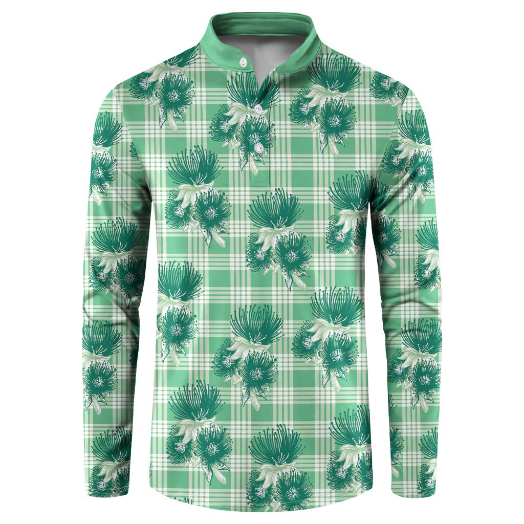 Green Palaka Hawaii Button Sweatshirt Hawaiian Lehua Blossoms LT05 Green - Polynesian Pride