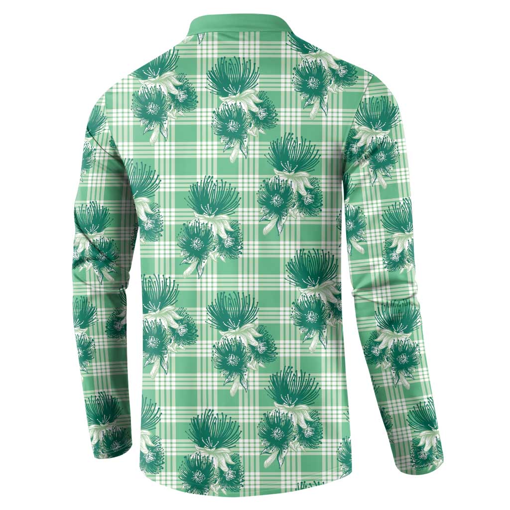 Green Palaka Hawaii Button Sweatshirt Hawaiian Lehua Blossoms LT05 - Polynesian Pride