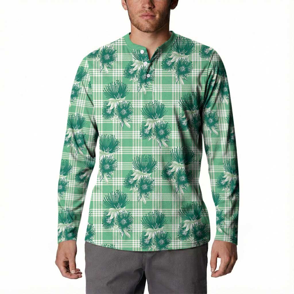 Green Palaka Hawaii Button Sweatshirt Hawaiian Lehua Blossoms LT05 - Polynesian Pride