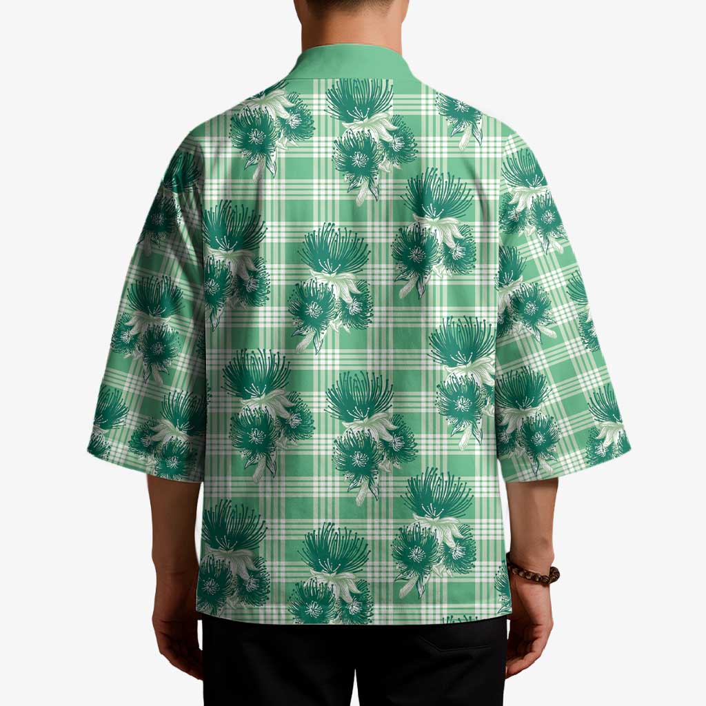 Green Palaka Hawaii Kimono Hawaiian Lehua Blossoms LT05 - Polynesian Pride