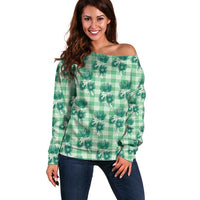 Green Palaka Hawaii Off Shoulder Sweater Hawaiian Lehua Blossoms LT05 Women Green - Polynesian Pride