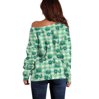 Green Palaka Hawaii Off Shoulder Sweater Hawaiian Lehua Blossoms LT05 - Polynesian Pride