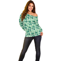 Green Palaka Hawaii Off Shoulder Sweater Hawaiian Lehua Blossoms LT05 - Polynesian Pride