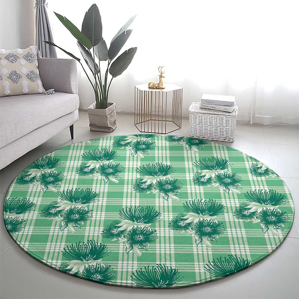 Green Palaka Hawaii Round Carpet Hawaiian Lehua Blossoms LT05 - Polynesian Pride