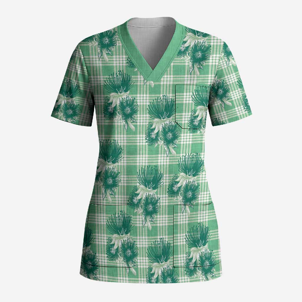 Green Palaka Hawaii Scrub Top Hawaiian Lehua Blossoms LT05 Adult Green - Polynesian Pride