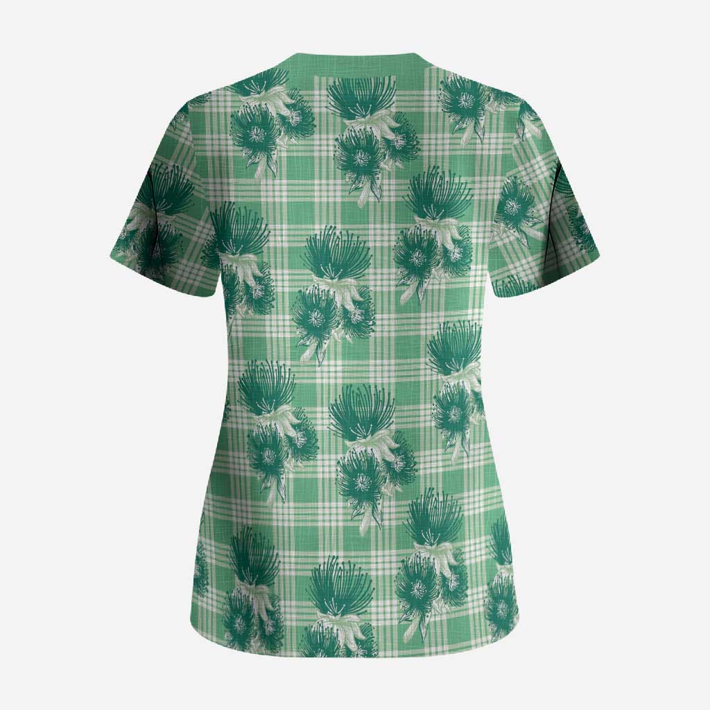 Green Palaka Hawaii Scrub Top Hawaiian Lehua Blossoms LT05 - Polynesian Pride