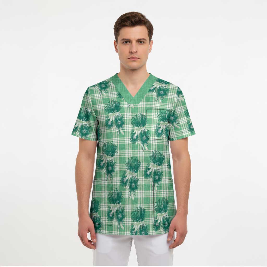 Green Palaka Hawaii Scrub Top Hawaiian Lehua Blossoms LT05 - Polynesian Pride