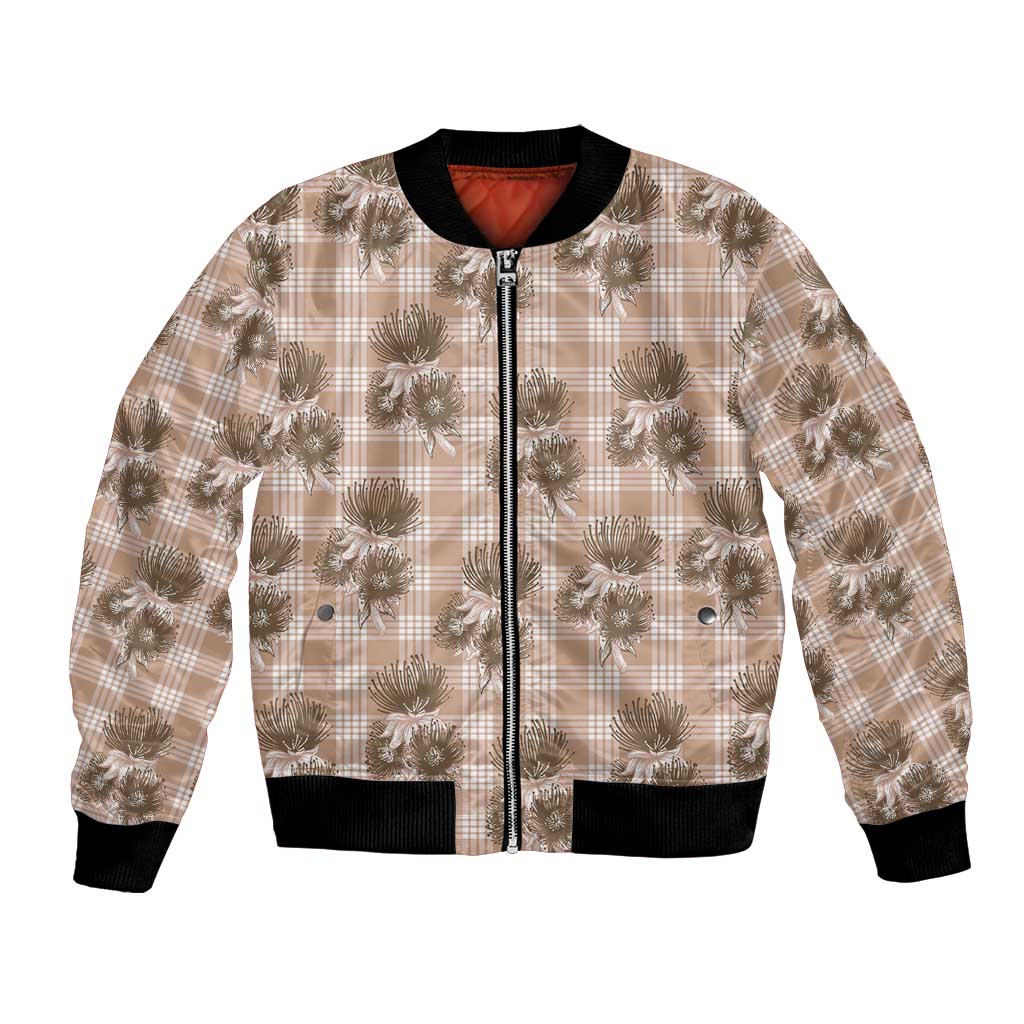 Brown Palaka Hawaii Bomber Jacket Hawaiian Lehua Blossoms LT05 Unisex Brown - Polynesian Pride