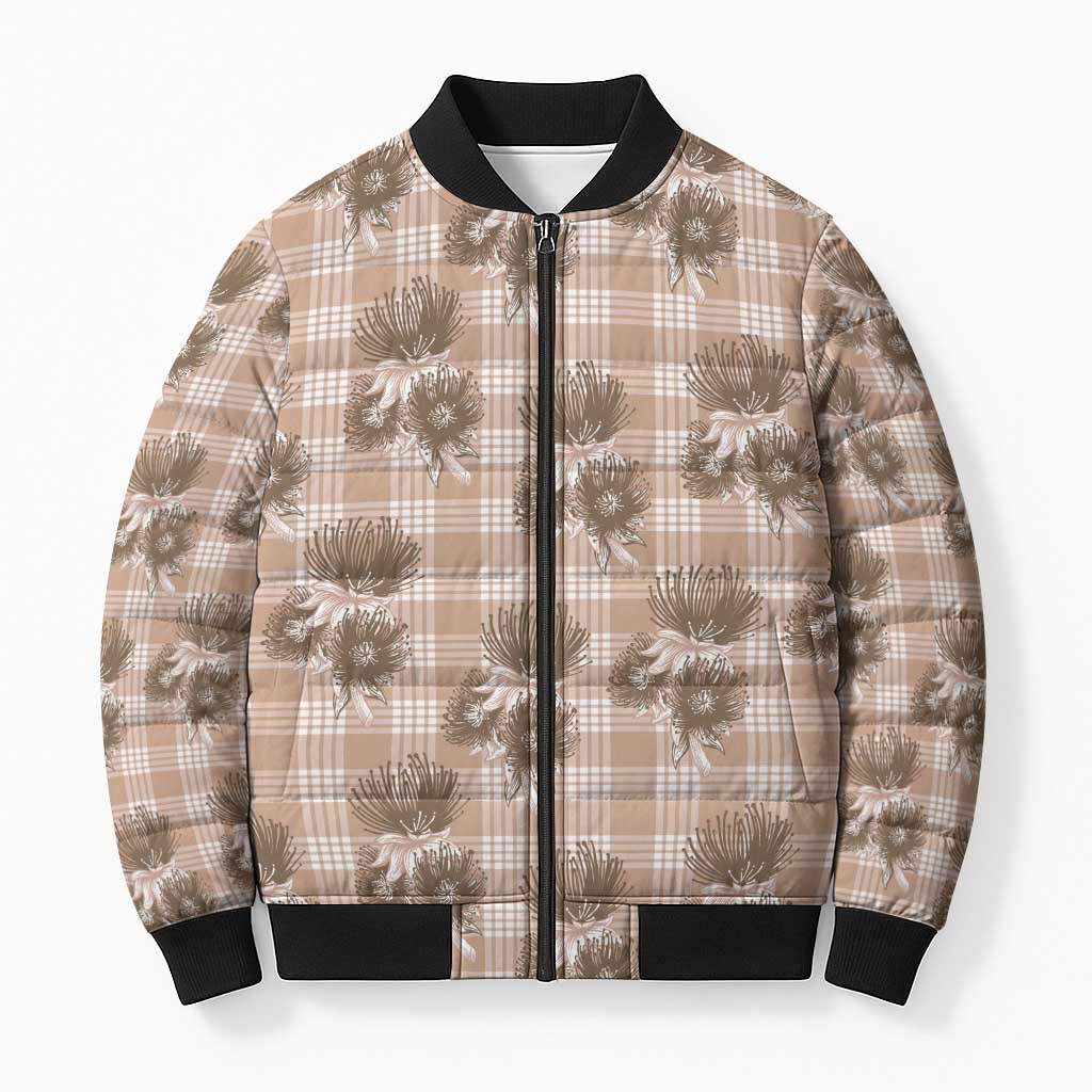 Brown Palaka Hawaii Bomber Puffer Jacket Hawaiian Lehua Blossoms LT05 Unisex Brown - Polynesian Pride