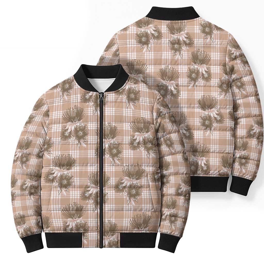Brown Palaka Hawaii Bomber Puffer Jacket Hawaiian Lehua Blossoms LT05 - Polynesian Pride
