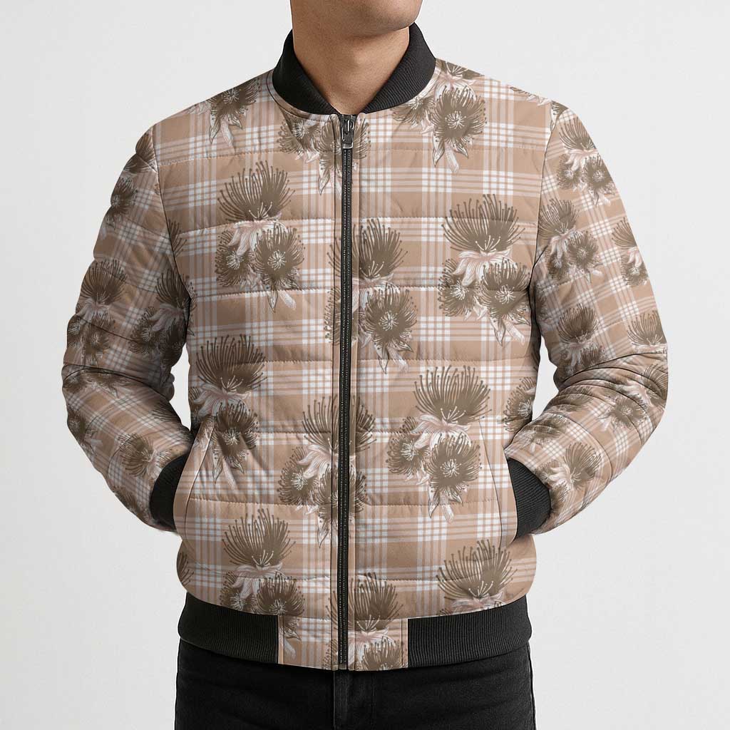 Brown Palaka Hawaii Bomber Puffer Jacket Hawaiian Lehua Blossoms LT05 - Polynesian Pride