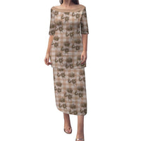 Brown Palaka Hawaii Puletasi Hawaiian Lehua Blossoms LT05 Long Dress Brown - Polynesian Pride