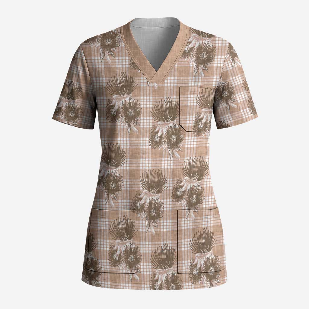 Brown Palaka Hawaii Scrub Top Hawaiian Lehua Blossoms LT05 Adult Brown - Polynesian Pride