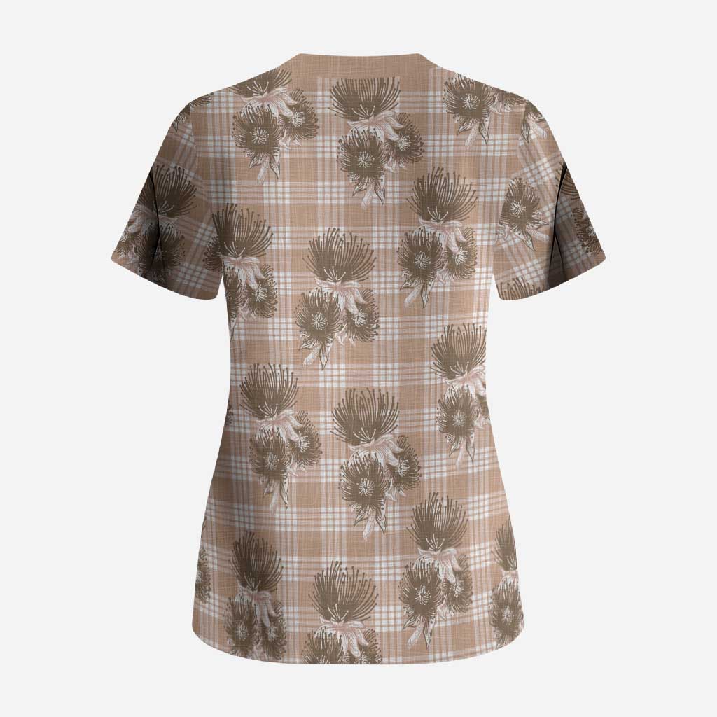 Brown Palaka Hawaii Scrub Top Hawaiian Lehua Blossoms LT05 - Polynesian Pride