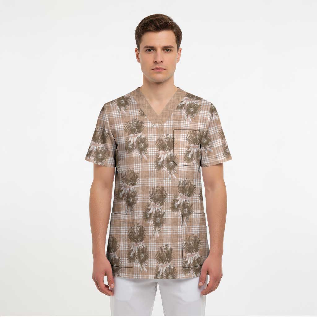 Brown Palaka Hawaii Scrub Top Hawaiian Lehua Blossoms LT05 - Polynesian Pride