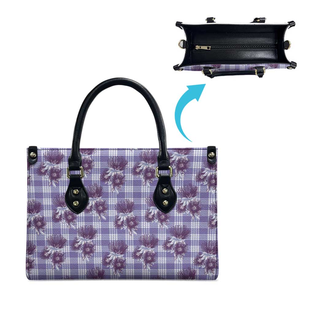 Purple Palaka Hawaii Leather Bag Hawaiian Lehua Blossoms LT05 - Polynesian Pride