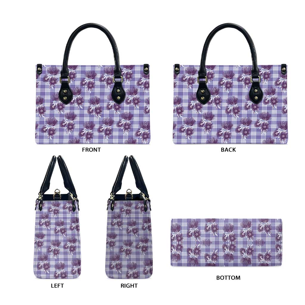 Purple Palaka Hawaii Leather Bag Hawaiian Lehua Blossoms LT05 - Polynesian Pride