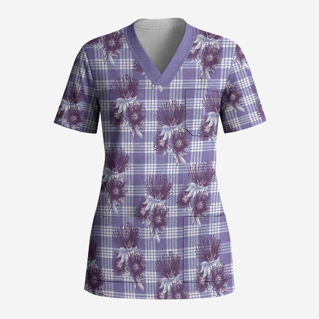 Purple Palaka Hawaii Scrub Top Hawaiian Lehua Blossoms LT05 Adult Purple - Polynesian Pride