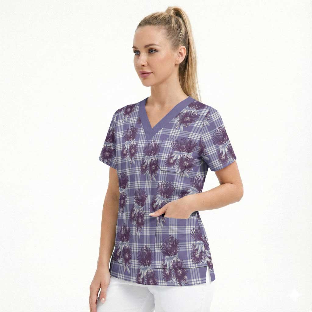 Purple Palaka Hawaii Scrub Top Hawaiian Lehua Blossoms LT05 - Polynesian Pride