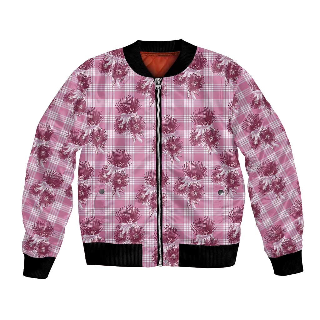 Pink Palaka Hawaii Bomber Jacket Hawaiian Lehua Blossoms LT05 Unisex Pink - Polynesian Pride