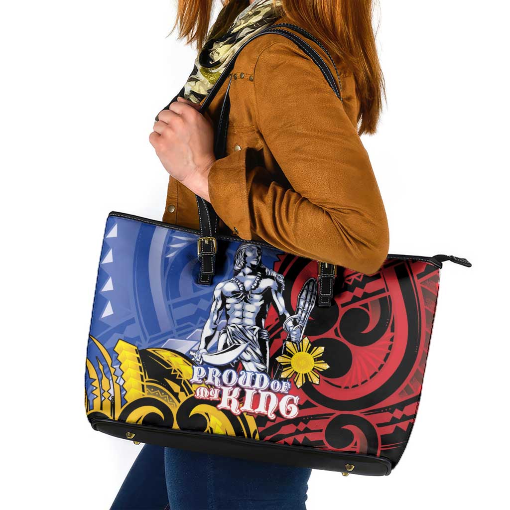Philippines Lapu-Lapu Leather Tote Bag Proud Of My King LT05 Blue - Polynesian Pride