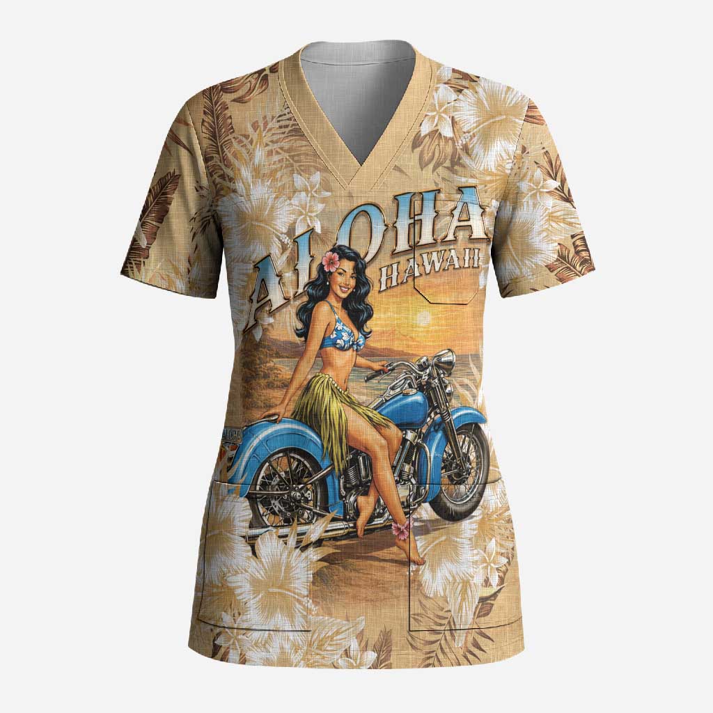 Aloha Hawaii Biker Scrub Top Ride To Paradise LT05 Adult Beige - Polynesian Pride