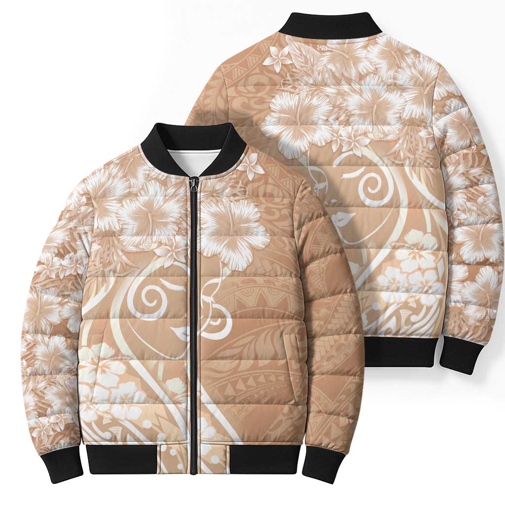 Polynesian Women's Day Bomber Puffer Jacket Brown Hibiscus Flowers With Polynesian Pattern LT05 - Polynesian Pride