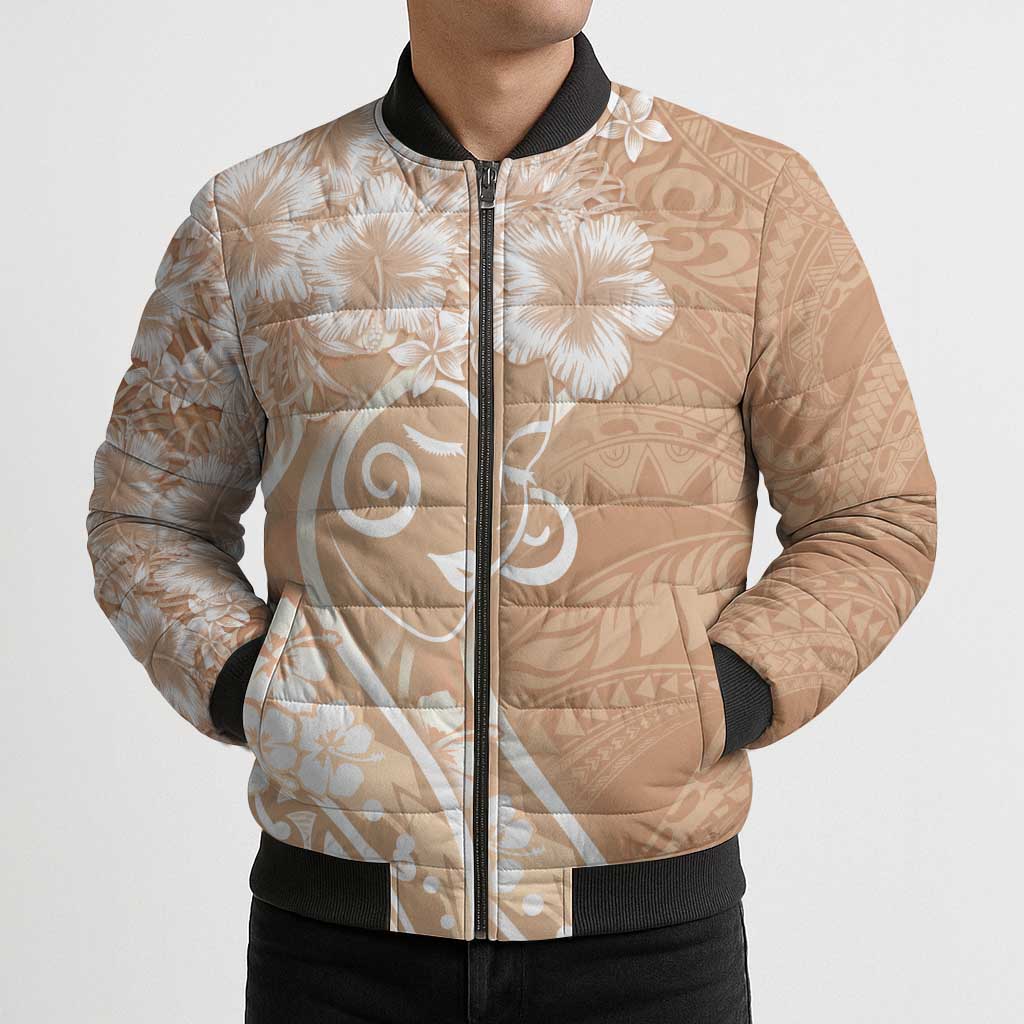 Polynesian Women's Day Bomber Puffer Jacket Brown Hibiscus Flowers With Polynesian Pattern LT05 - Polynesian Pride
