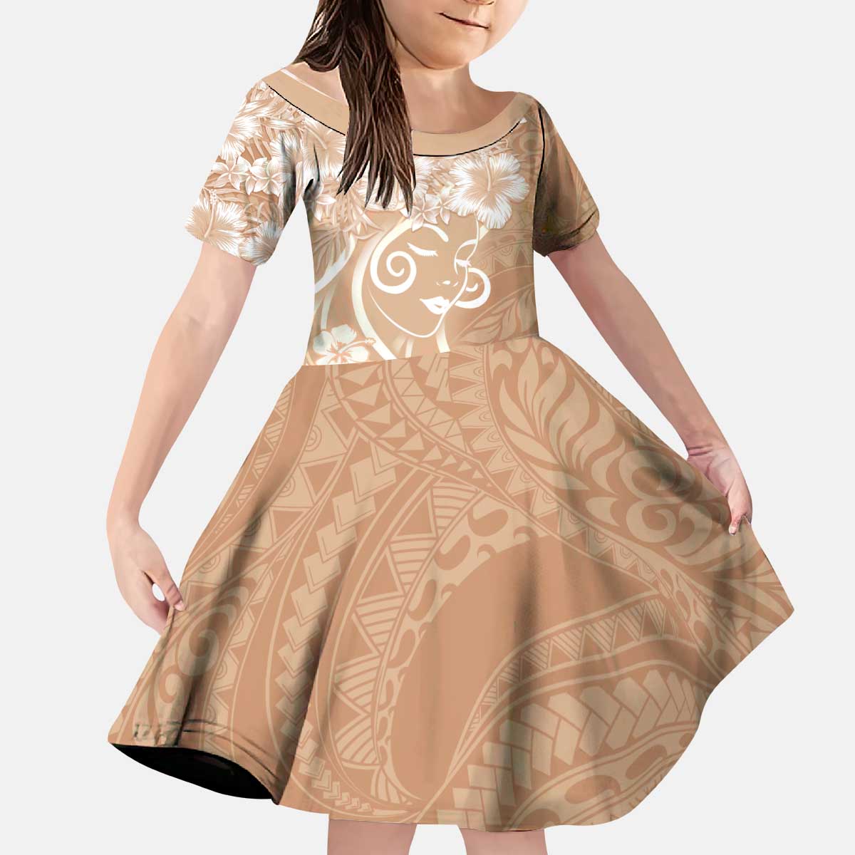 Polynesian Women's Day Kid Short Sleeve Dress Brown Hibiscus Flowers With Polynesian Pattern LT05 KID Brown - Polynesian Pride