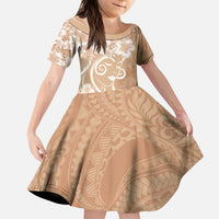 Polynesian Women's Day Kid Short Sleeve Dress Brown Hibiscus Flowers With Polynesian Pattern LT05 KID Brown - Polynesian Pride