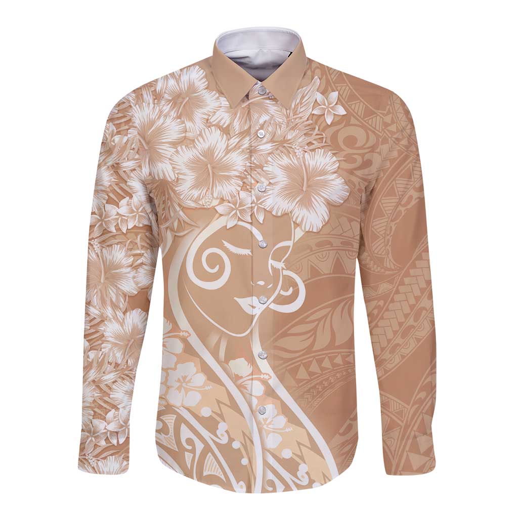 Polynesian Women's Day Long Sleeve Button Shirt Brown Hibiscus Flowers With Polynesian Pattern LT05 Unisex Brown - Polynesian Pride