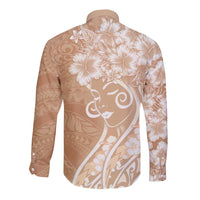 Polynesian Women's Day Long Sleeve Button Shirt Brown Hibiscus Flowers With Polynesian Pattern LT05 - Polynesian Pride