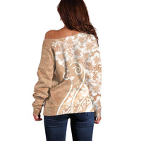 Polynesian Women's Day Off Shoulder Sweater Brown Hibiscus Flowers With Polynesian Pattern LT05 - Polynesian Pride