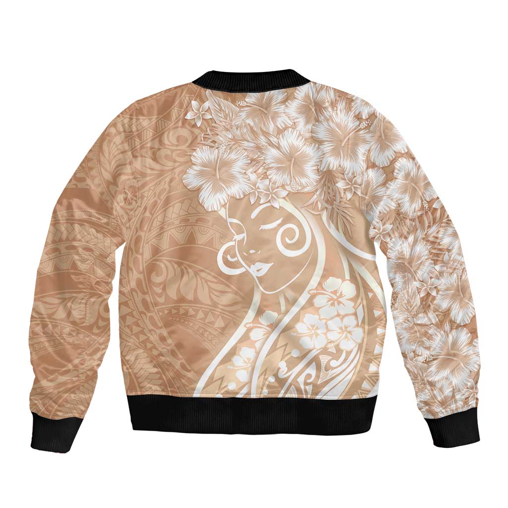 Polynesian Women's Day Sleeve Zip Bomber Jacket Brown Hibiscus Flowers With Polynesian Pattern LT05 - Polynesian Pride