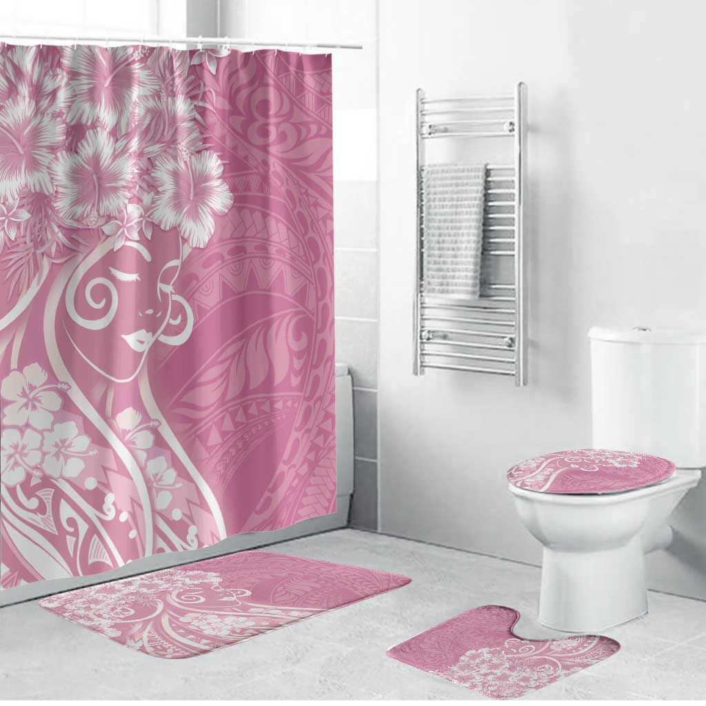 Polynesian Women's Day Bathroom Set Pink Hibiscus Flowers With Polynesian Pattern LT05 Bathroom Set (4 pcs) Pink - Polynesian Pride