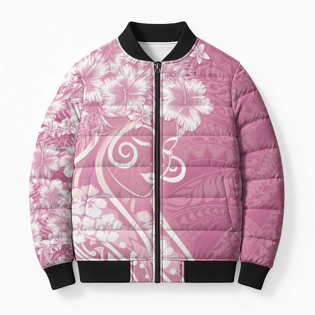 Polynesian Women's Day Bomber Puffer Jacket Pink Hibiscus Flowers With Polynesian Pattern LT05 Unisex Pink - Polynesian Pride