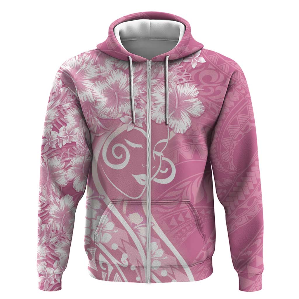 Polynesian Women's Day Hoodie Pink Hibiscus Flowers With Polynesian Pattern LT05 Zip Hoodie Pink - Polynesian Pride
