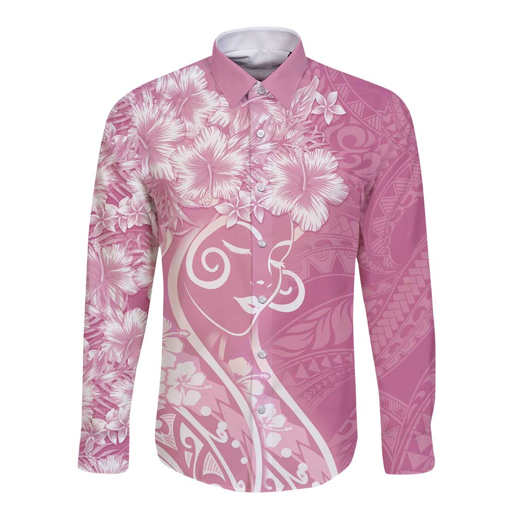 Polynesian Women's Day Long Sleeve Button Shirt Pink Hibiscus Flowers With Polynesian Pattern LT05 Unisex Pink - Polynesian Pride