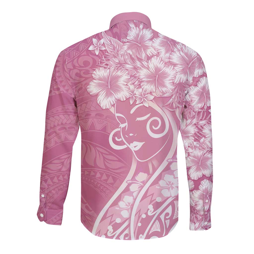 Polynesian Women's Day Long Sleeve Button Shirt Pink Hibiscus Flowers With Polynesian Pattern LT05 - Polynesian Pride