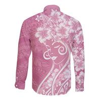Polynesian Women's Day Long Sleeve Button Shirt Pink Hibiscus Flowers With Polynesian Pattern LT05 - Polynesian Pride