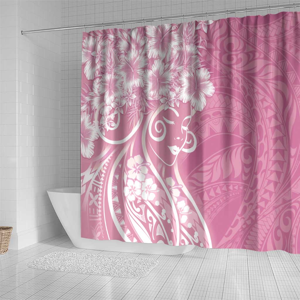 Polynesian Women's Day Shower Curtain Pink Hibiscus Flowers With Polynesian Pattern LT05 - Polynesian Pride