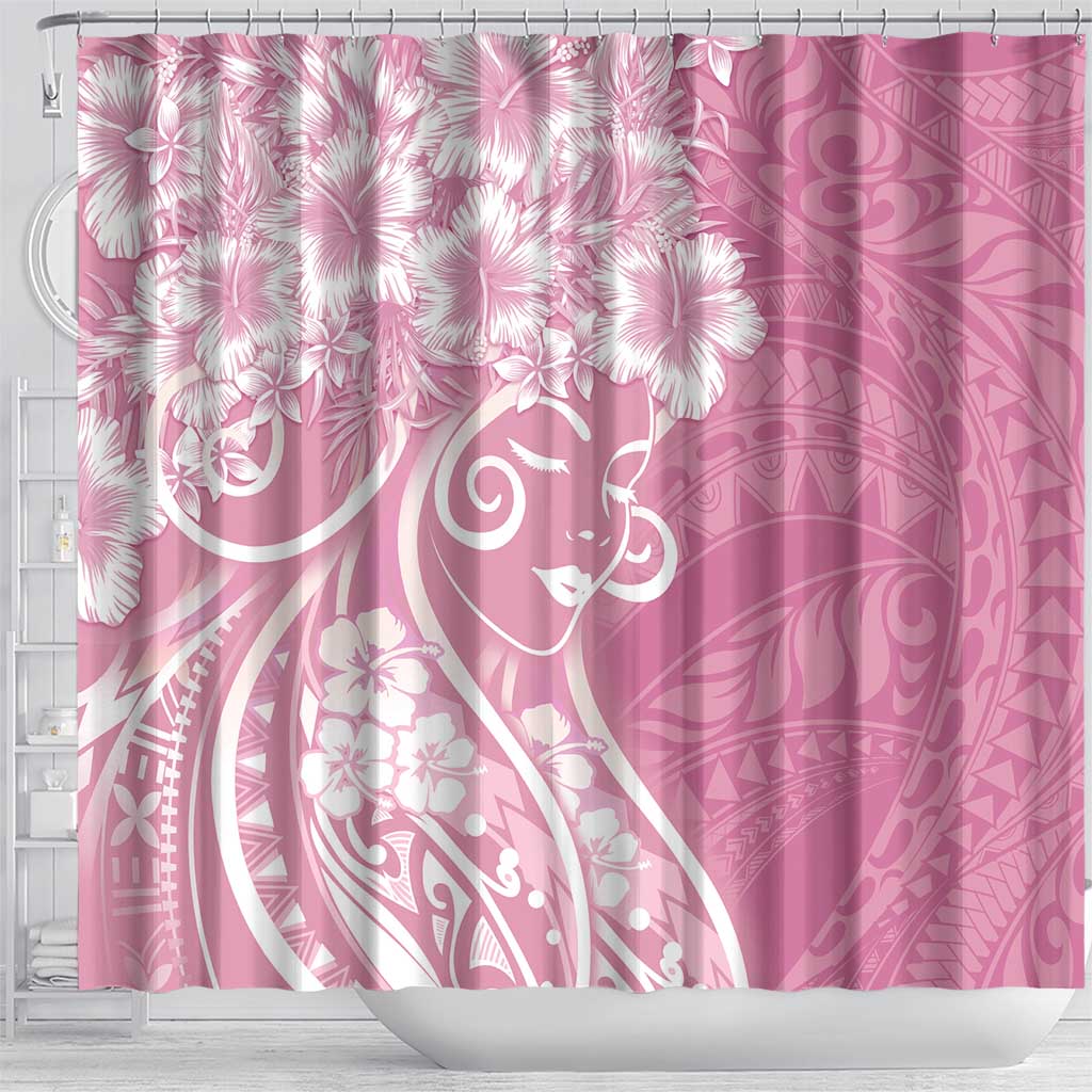 Polynesian Women's Day Shower Curtain Pink Hibiscus Flowers With Polynesian Pattern LT05 - Polynesian Pride